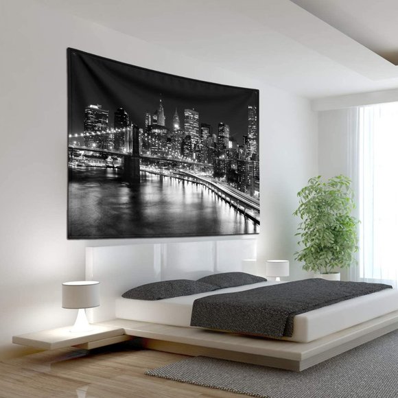 Black White Brooklyn Bridge New York Skyline Cityscape Skyscraper Tapestry Decor - Picture 2 of 6